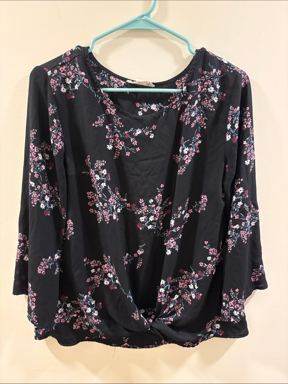 Pink Republic Black Floral Twist-Front Blouse with Pink & White Blooms